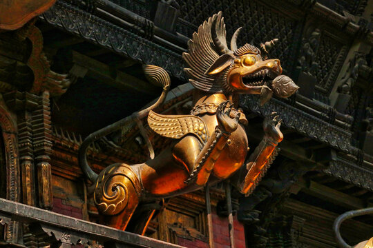 A Flying lion like protector statue on the fa&ccedil;ade of the Akash Bhairab temple on Indra Chowk, near Kathmandu's durbar square,Nepal 