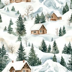 Cozy Mountain Cabins in Whimsical Watercolor Style