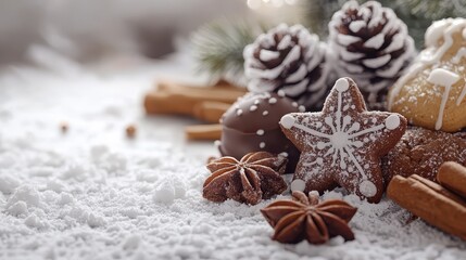 Clean empty background with a chrismas decorations, cookies, cinamon, chocolate. Copy space for text. Good for banners