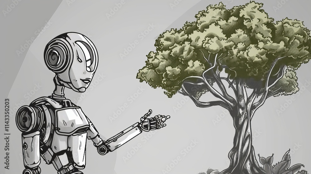 Poster artistic depiction of a humanoid robot reaching toward a tree with lush leaves, merging themes of ar