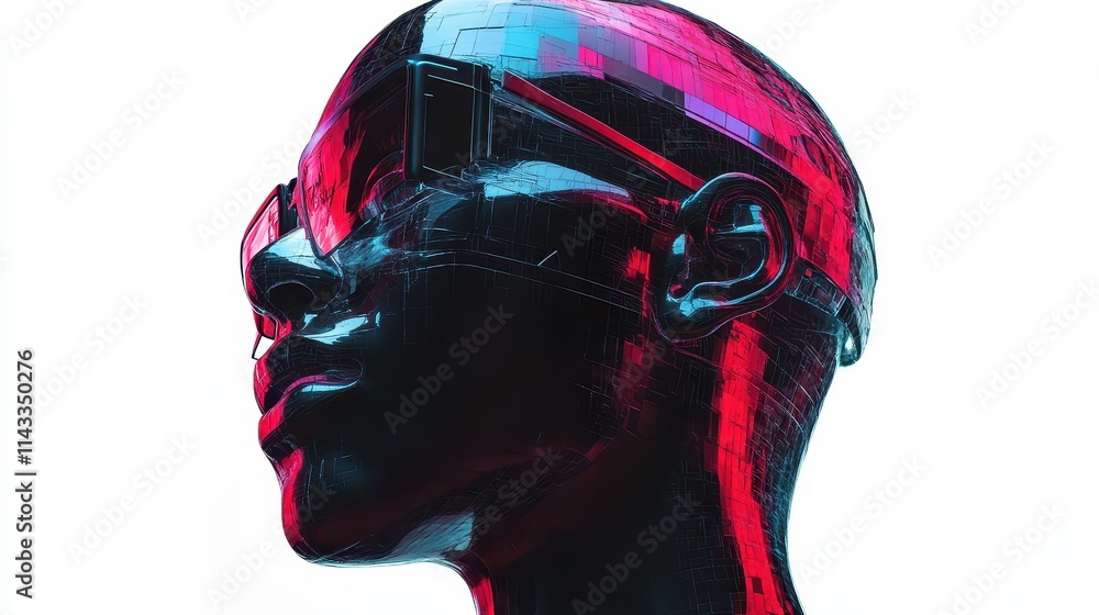 Poster futuristic floating avatar designed for tech visuals, set against a white background.