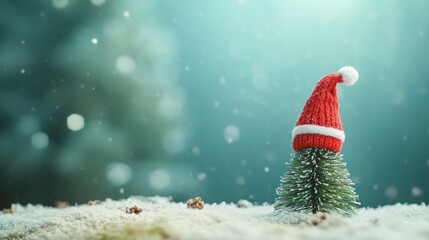 Tiny chrismas tree wear christmas hat ,copy space