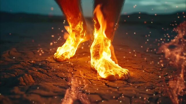 Dramatic Visual of Feet Walking Through Fiery Flames. Seamless loop video background