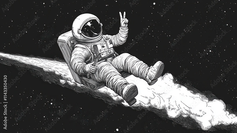 Poster astronaut giving a peace sign while riding a rocket through space, capturing adventure and whimsy sk