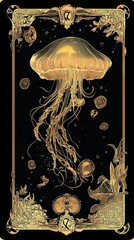 Golden Jellyfish Art Deco Style Ocean Depiction