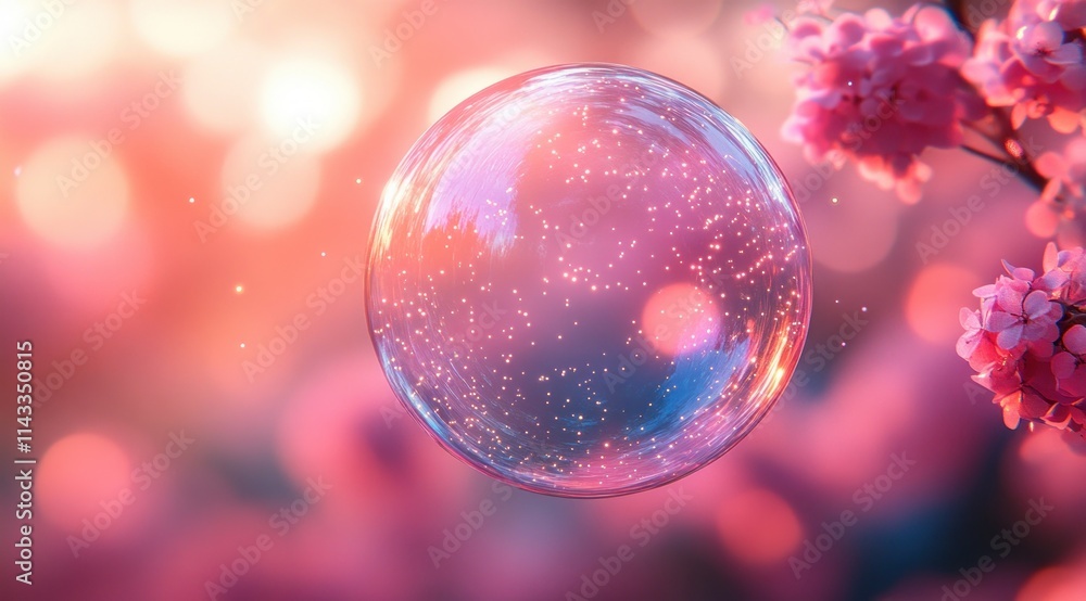 Poster translucent soap bubble in pastel background with sparkles and bokeh effects