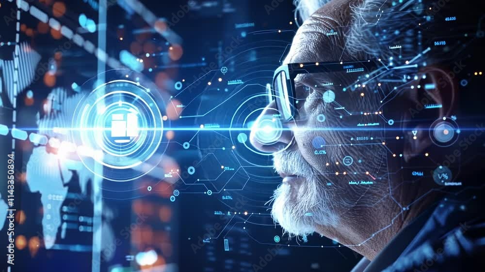 Poster senior engineer with glasses analyzing a futuristic interface displaying global data, statistics, an