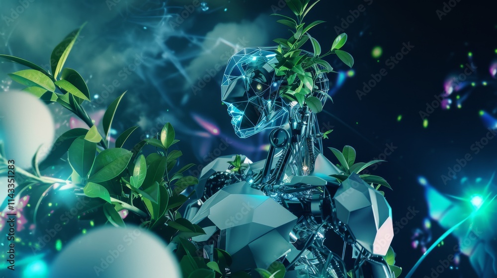 Poster a futuristic robot featuring geometric design and vibrant plants emerging from its structure, symbol