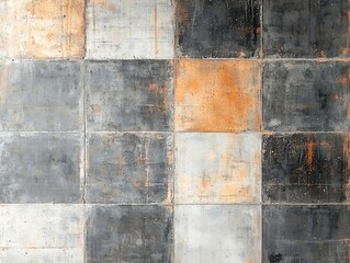 A textured wall featuring a grid of gray, black, and orange tiles, showcasing an industrial and modern aesthetic.