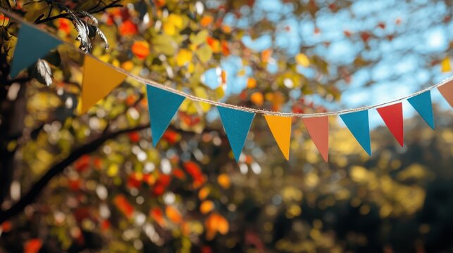 Banderole avec fanions color&Atilde;&copy;s suspendue dans les arbre pour une f&Atilde;&ordf;te