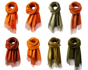eight colorful. soft. and warm scarves isolated on transparent background each scarf is folded in half and arranged with the ends hanging down the colors include a rust. orange. and olive green