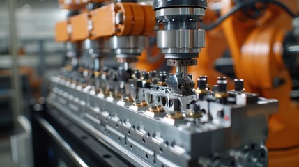 Naklejka premium High-Speed Robotics: With 120 operations per minute, this industrial arm ensures rapid and precise movements, increasing efficiency in high-demand assembly line environments. 