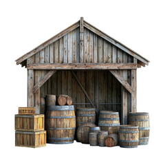 Rustic Wooden Shed with Barrels and Crates