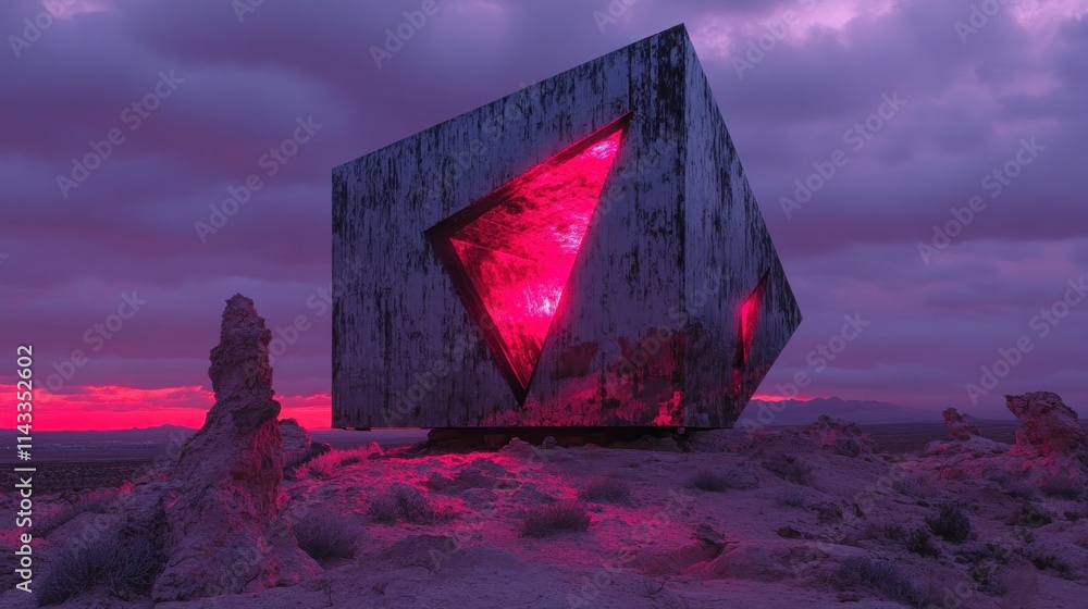 Poster A surreal cube structure with glowing interiors in a desolate landscape at sunset.