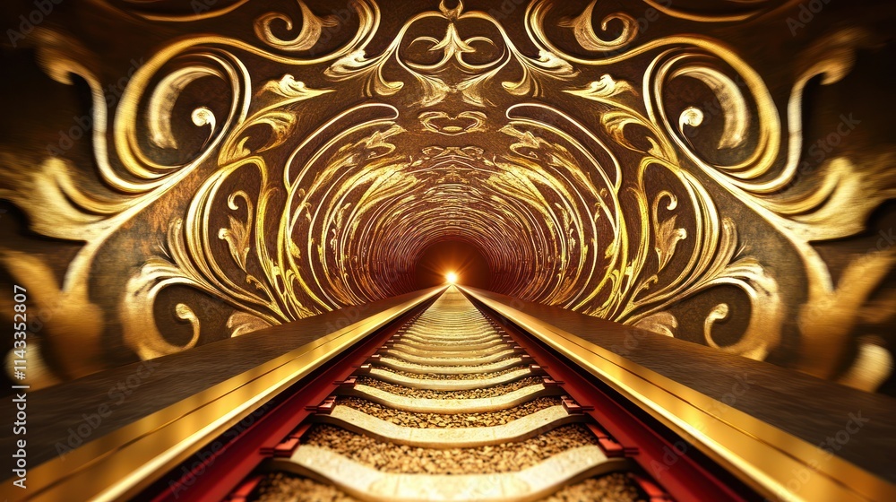 Poster a surreal tunnel with ornate golden patterns leading to a bright light.