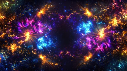 Fototapeta premium A festive celebration card design featuring a vector decorative border with colorful fireworks. The vibrant explosions of purple, blue,