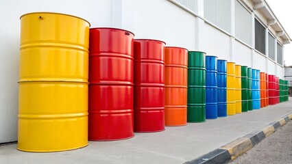 A row of colorful barrels are lined up on a sidewalk