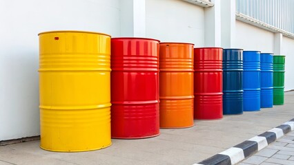 A row of colorful barrels are lined up against a white wall