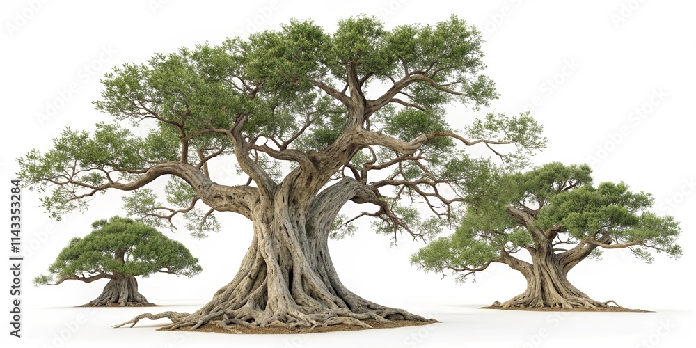 Poster Three large trees with a trunk that is twisted and gnarled