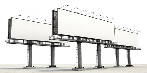 Three large white billboards are standing on a white background