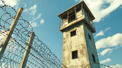 A tall watchtower surrounded by barbed wire under a blue sky.