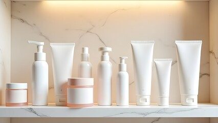 A neatly arranged shelf of skincare products with elegant labels in a cosmetics store