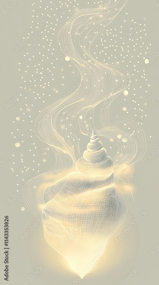 Poster glowing seashell enveloped in abstract light waves