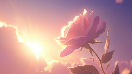 Fototapeta premium Beautiful Pink Rose Under Shimmering Sunrise Sky with Clouds