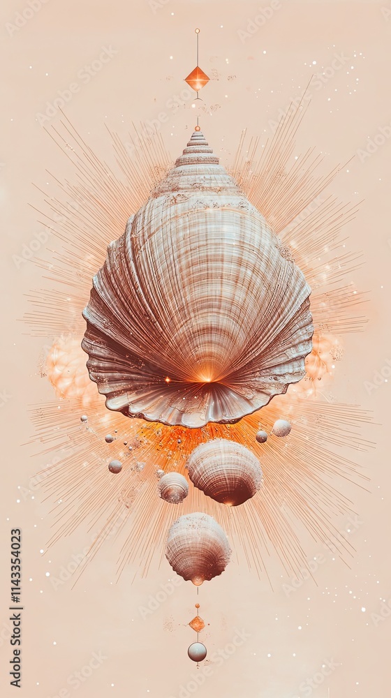 Poster abstract seashell cosmic art design featuring celestial elements