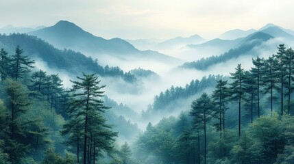 Misty mountain range with evergreen trees.