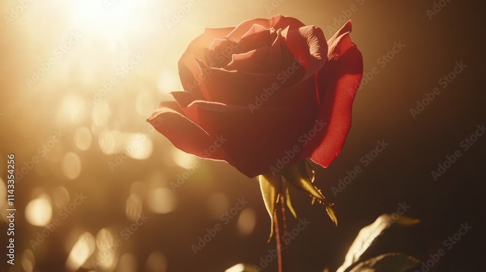 Poster radiant red rose with soft glow and bokeh background in nature