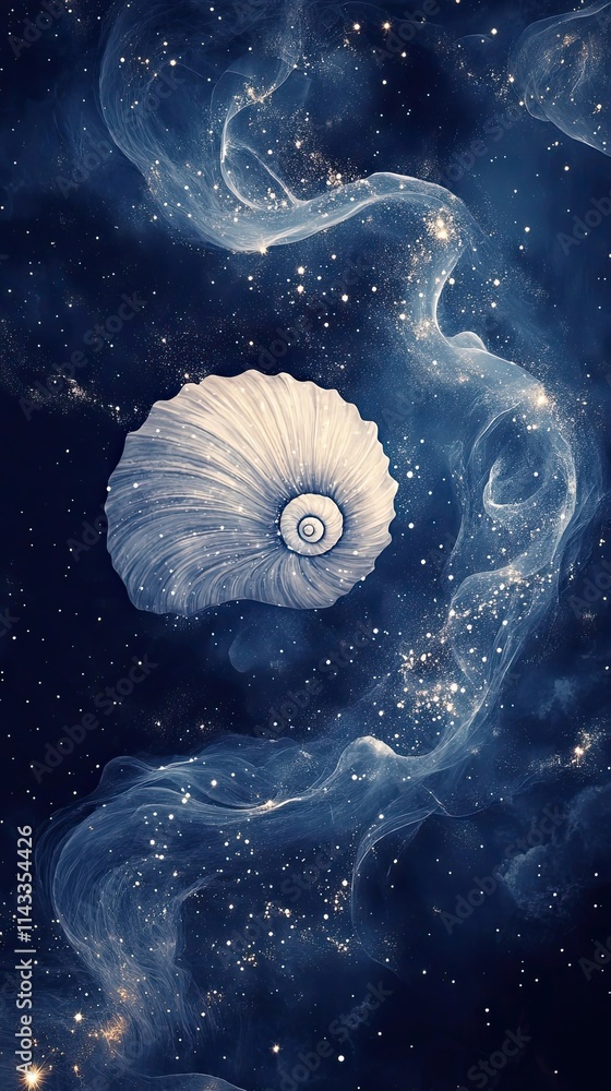 Poster celestial seashell floating in a cosmic nebula