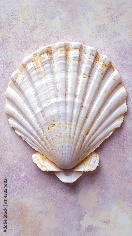 Poster a single large scallop shell rests on a textured background