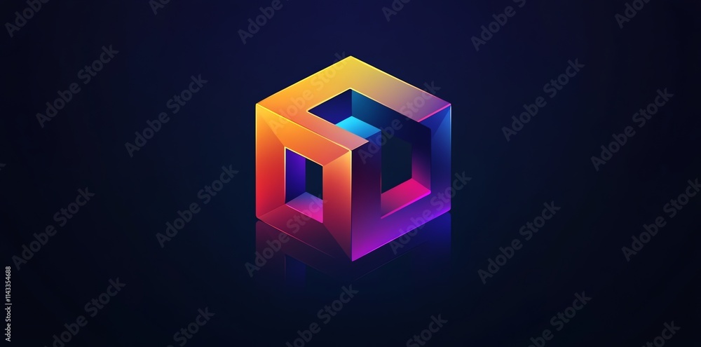 Aufkleber a colorful 3d cube design with geometric shapes and gradients on a dark background.