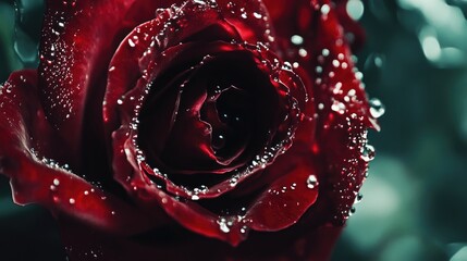 Naklejka premium Close-up of a Red Rose with Water Droplets on Petals