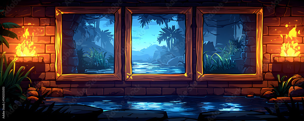 Poster a computer generated image of a jungle with a river
