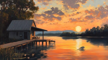 Fototapeta premium Cabin on the Lake at Sunset