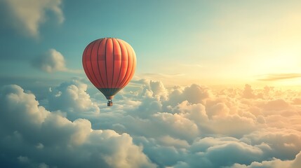 Obraz premium Hot air balloon above clouds at sunrise. Concept of freedom, adventure, and inspiration.