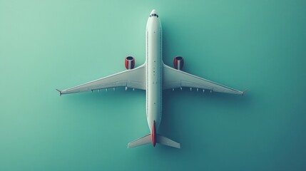 Top view of a white airplane on a teal background.