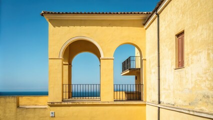 Obraz premium Minimalistic rendering of a yellow building with an arch and balcony opening into the sky, minimal, architecture, building