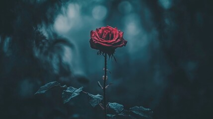Solitary Red Rose in a Misty Forest with Dark Atmosphere