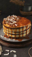 A decadent layer cake with caramel drizzle, pecans, and coconut flakes
