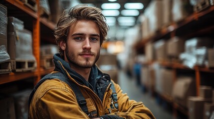 Fototapeta premium Warehouse Worker in Safety Gear with Boxes in Background Hyper-Realistic Lighting