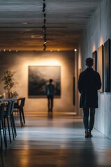 Visitors explore a modern art gallery with minimalist design in an urban setting during the evening hours. Generative AI
