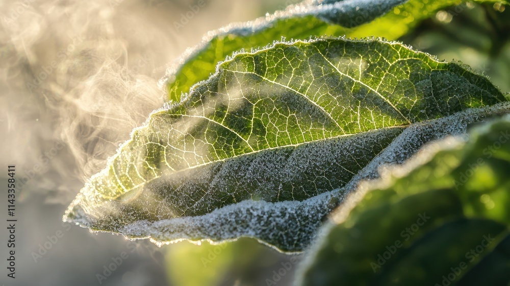 Poster sunlight filtering through dewy leaves in a close-up nature scene with soft focus and details