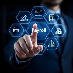 Payroll Management and Financial Processing System. employee salaries, scheduling, Businessman works on payroll management with icons for payment, analysis finance, and efficient payroll operations, c