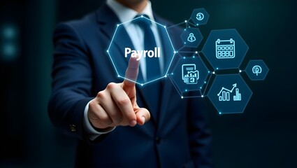 Payroll Management and Financial Processing System. employee salaries, scheduling, Businessman works on payroll management with icons for payment, analysis finance, and efficient payroll operations, c