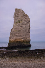 Stone rock in the form of a pillar in the sea, low tide in Etretat. Seascape