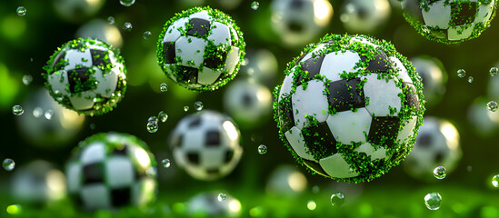 A bunch of soccer balls with green and black designs
