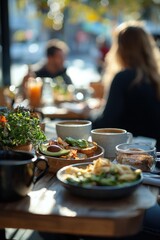 Enjoying a delightful brunch with fresh dishes and beverages at a cozy cafe on a sunny day. Generative AI